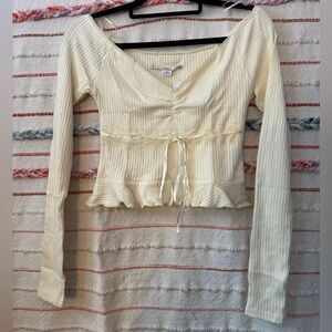 Urban Outfitters Kimchi Blue Cream Ribbed Cropped Long Sleeve Top - Size Large